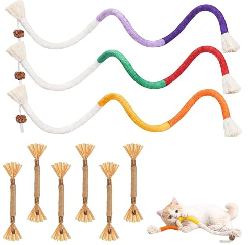 DONFORTLY Set da 9 Giochi per Gatti da Masticare – 6 Bastoncini e 3 Giocattoli con Catnip e Cordini di Cotone, Ideali per La Salute Dentale e Il Divertimento del Tuo Gatto