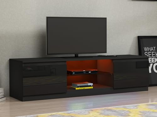 Panana Modern 160cm TV Unit Stand High Gloss 2 Doors & Matt Body TV Cabinet with RGB LED Lights Media Storage for TVs up to 70 (Black)
