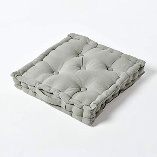 HOMESCAPES Luxury Floor Cushion Plain 100% Cotton Grey 50 x 50 x 10cm, Booster Cushion Seat Chair Pad Dining Thick & Plush Garden Floor Pillow for Kids Elderly Pets Indoor Outdoor Use