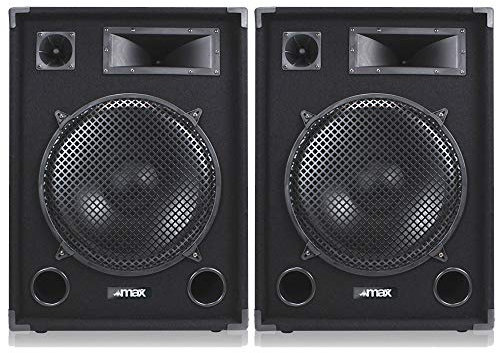 MAX15 15 inch Passive DJ PA Speaker Pair, 2000W Total Power, Professional 3-Way System with 15 Woofers, Bullet Tweeters, Midrange Horn, Acoustic Carpet, Portable Handles, Pole Mount