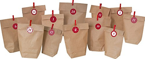 HEKU Adventskalender-Set bestehend aus 24 Adventstüten in drei Größen, 24 Zahlenstickern und 24 Deko-Klammern, 4.5 x 34 x 22 cm