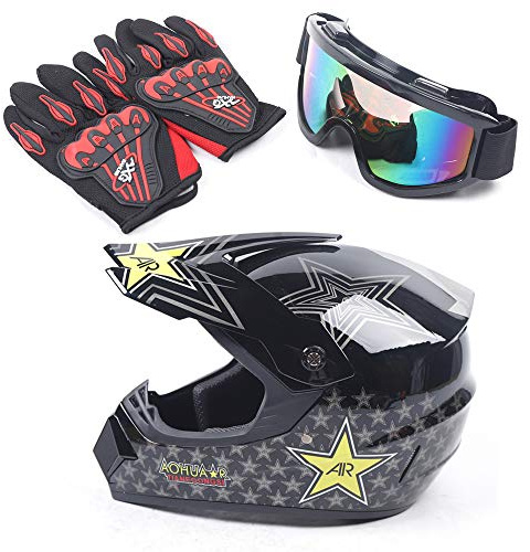 Youth Kids Offroad Gear Combo Helmet Gloves Goggles DOT Motocross Off-Road Racing ATV Dirt Bike Protector (#4, L)