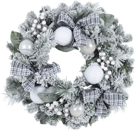 Christmas Wreath Artificial Snow Covered Silver Pine Grey Tartan Bows 60cm