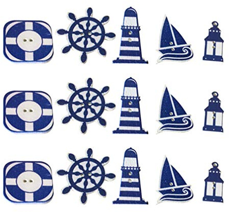 Supvox 50 Stück Holzknöpfe Nautisches Design - Maritime Knöpfe mit Segelboot Leuchtturm Rettungsring und Steuerrad für Nähen Basteln Scrapbooking und DIY Dekoration