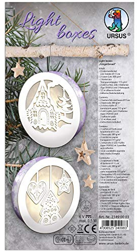 Ursus 21490003 - Light Boxes ca. Ø 11 cm Gingerbread, 2 Laternendeckel und -böden, 2 Laser Cuts, 2 Kreise aus Transparentpapier 115 g/m², 2 LED Lichter, inklusive Zubehör und Bastelanleitung