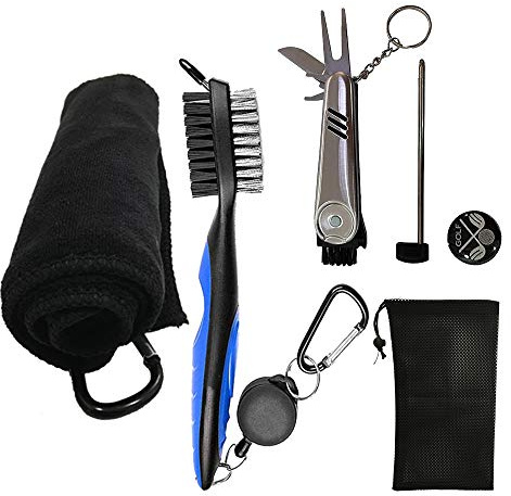 Kingrun Accesorios de Golf, Limpiador Cepillo de Palos de Golf, Toalla Golf, Cepillo Golf, Herramienta de reparación Plegable con Marcador de Golf, Kit de Limpieza para Palos de Golf