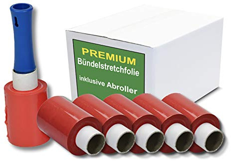 Mini Stretchfolie Set 40 Rollen+1 hochwertiger Abroller - 100mm breit-150m je Rolle - verschiedene Farben - zäh & reißfest (Rot)