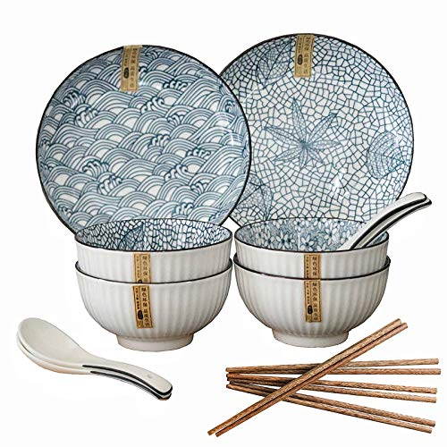 Dinnerware Set, Ceramic Kitchen Dinner Set Service for 4 People, Quality Porcelain, Dishwasher Safe, Japanese Style, Apply to Soup, Pasta, Salad, Udon, etc