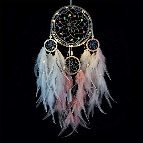 RAILONCH Süss Rosa Mädchen Dreamcatcher, Feder Traumfänger mit LED Licht, Handgemachte Dream Catcher für Kinder Mädchen Zimmerdekoration und Kreatives Wandbehang Geschenk (Mit LED-Lichterkette)