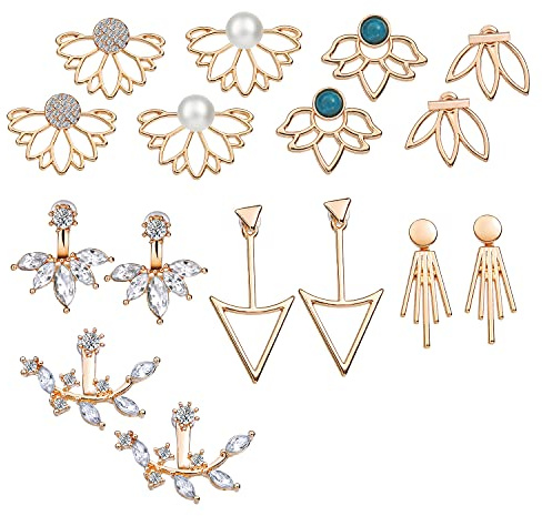 8 Paar Gold Vintage Ohrring Set für Damen Frauen Mädchen,Hohle Lotusblüte Blumen Piercing Ohr Ohrstecker,Kristall Schlichte Vordere Rückseite Ohrringe Orientalisch Modeschmuck für Geburtstag Geschenk