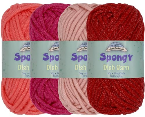 JubileeYarn Schwammiges Geschirrtuch, Nylon, 50 g/Knäuel, Rottöne, 4 Knäuel