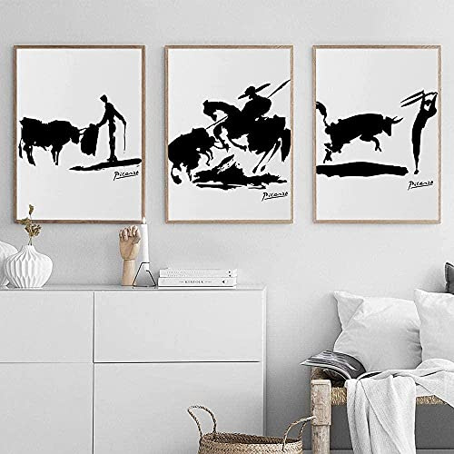 Abstrakte Picasso Mensch und Stier Silhouette Poster Spanien Stierkampf Kunstdrucke Schwarz Weiß Stierkampf Wand Bilder Berühmte Gemälde Wohnzimmer Studie Wanddekor J06090 30x40cmx3/Kein Rahmen