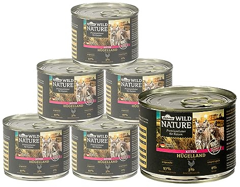 Dehner Wild Nature Katzenfutter Kitten Hügelland, Nassfutter getreidefrei / zuckerfrei, für junge Katzen, Huhn, 6 x 200 g Dose (1.2 kg) | 1.2 kg, getreidefrei, für junge Katzen