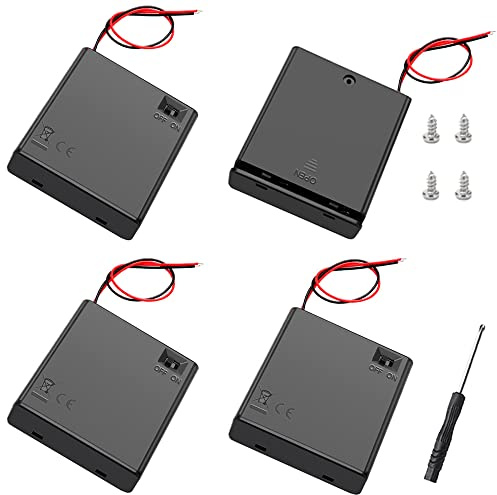 4 PCS 4 AA Battery Holder with Switch and Cover, KUOQIY 4X 1.5V AA 6V Battery Holder Case with ON/Off Switch & Wire Leads & Cover, with Screwdriver & Screws