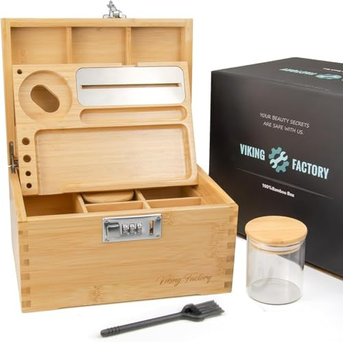 Viking Factory Premium Bambus-Box Groß mit Zahlenschloss, Tablett & Zubehör - Dekorative Aufbewahrungskiste aus Holz | Für Dokumente, Wertsachen, Spielzeuge, Werkzeuge (Bambus, 24x18x14cm)