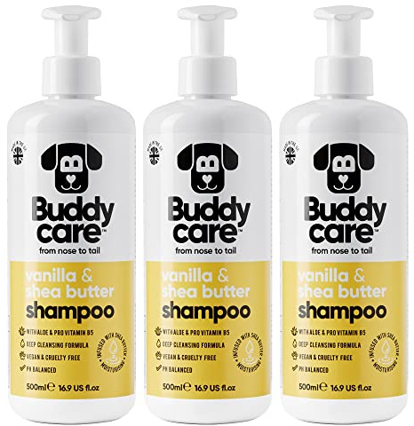 Vanille- & Sheabutter-Hundeshampoo von Buddycare - Feuchtigkeitsspendendes Shampoo für Hunde - Frisch duftend - Mit Aloe Vera und Pro-Vitamin B5 (500ml x3)