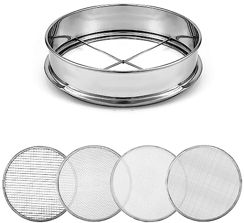 SAVITA Setaccio da Giardino, 1pz Setaccio in Acciaio Inossidabile da 30cm e 4 Pezzi con Maglie da 0,7/2/3/6mm Setaccio per Terreno Setaccio Giardino Combinato Setaccio per Terreno da Giardino