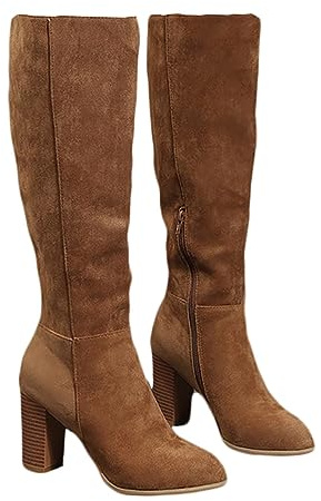 ticticlily Bottes Femmes En Cuir Daim Bottes Frange Aux Genoux Coupe Large Avec Bloc Talon Cowboy Bottes Moto Bottes De Combat Rétro Hiver Chaud Bottes De Neige B Kaki 38