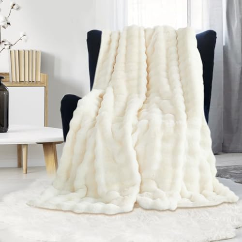 Lyxig plyschfilt – supermjuk, mysig, luddig filt, filt i fuskpäls, lätta filtar, varm sängfilt för soffa, bäddsoffa (B 130 x L 160 cm, vit)