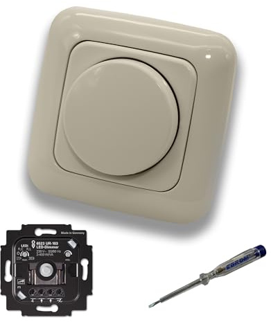 Busch Jäger 6523UR-103 LED-Drehdimmer LED-Dimmer mit Dimmerscheibe Zentralplatte 2115-212 Einfachrahmen in DURO2000 cremeweiß glänzend inklusive EBROM Phasenprüfer zur Montage des Dimmers 6523 UR-103
