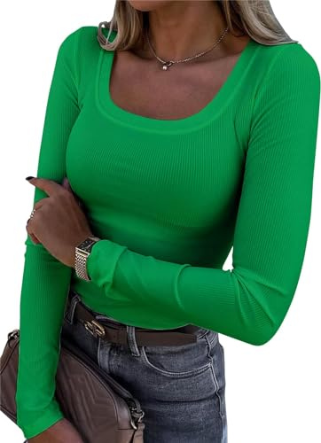 Smile Fish Damen Langarm Rundhalsausschnitt gerippt gestrickt ausgestattet lässig Tops Tee Slim Basic Shirts; Grün L