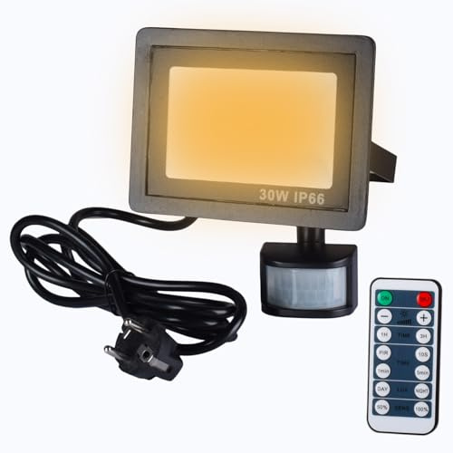 Etrogo 30W Projecteur LED Avec Détecteur de Mouvement Exterieur 3000K Blanc Chaud Dimmable 3000LM 42 LEDs avec Télécommande IP66 Etanche pour Jardin Patio Garage Entrée etc