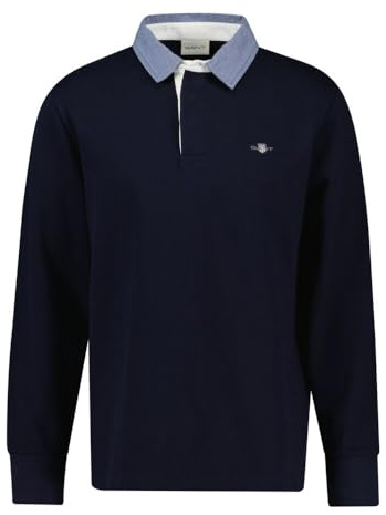 GANT Men's Regular Chambray Heavy Rugger Longsleeved Polo Shirt, Evening Blue, L