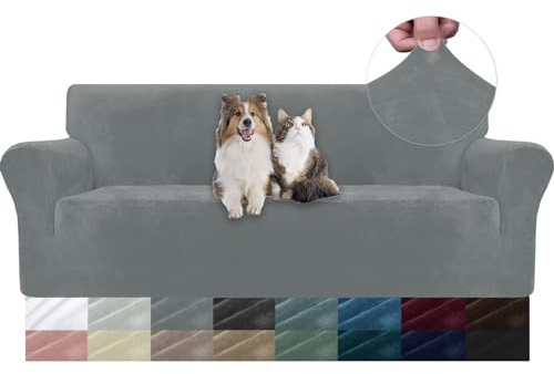 YSTELLAA Samt Sofa Überzug 3 Sitzer, Stretch Sofahusse Universal, Sofaschoner rutschfest, Sofa Covers Mit Armlehne, Couch Bezug Schutz Katze, Waschbare Couchschoner, Hellgrau