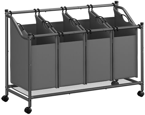 Songmics Wäschekorb mit Rädern, Wäschekorb mit 4 abnehmbaren Waschbeuteln, Wäscherei, für Waschküche Schlafzimmer Bad, 4 x 45 L, Schiefergrau RLS103G01