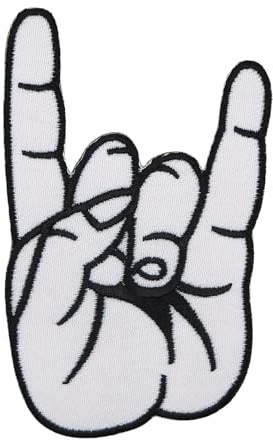 Heavy Metal Hand Weiß Aufnäher zum aufbügeln oder aufnähen Bügelbild Aufbügler für Kleidung gestickter Bügelflicken Applikation Rock N Roll Musik Rocker Devil Horn Patch Größe 6,2 x 9,8 cm