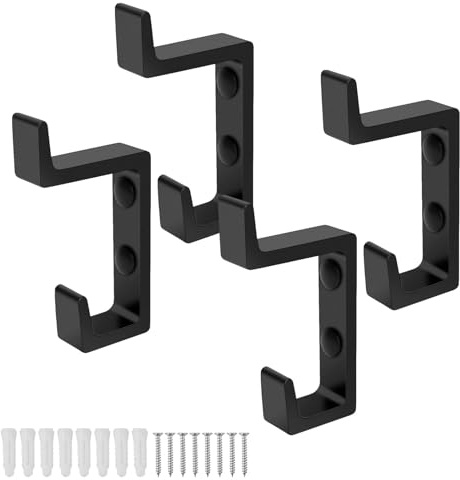 SHENGYIG 4 Stück Schwarze Kleiderhaken, Doppelhaken aus Verdicktem Raumaluminium, Inklusive Schrauben, Ideal für Badezimmer, Wohnzimmer und Schlafzimmer