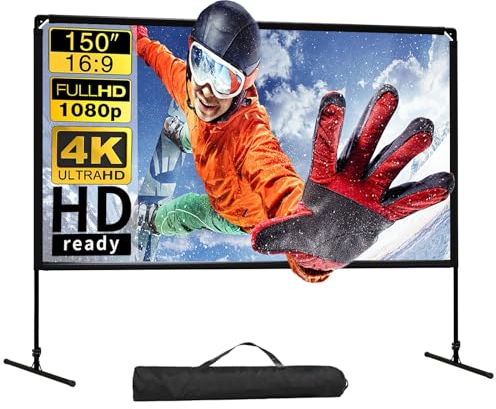 GT GETCO TECH 16:9 proiettore su tela da 150 pollici con supporto, schermo per interni ed esterni, con treppiede, proiettore HD portatile, schermo cinematografico con borsa per il trasporto