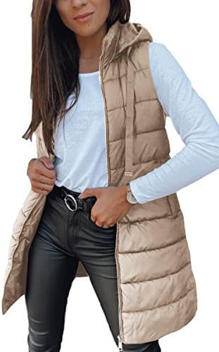 Imily Bela Damen Steppweste Lange Leichte Weste mit Kapuze Ärmellos Winterjacke Warm Übergangsweste,Khaki, L