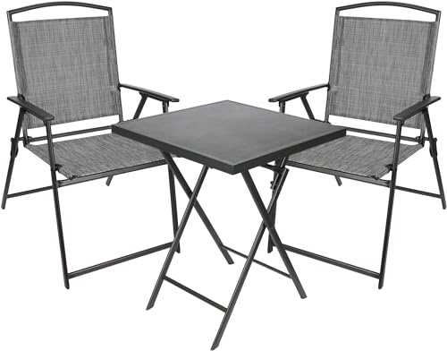 BRUBAKER Garten Sitzgruppe Bergamo - Klapptisch eckig mit 2 Camping Stühlen | Wetterfest und platzsparend - Gartenstühle Campingstühle mit Tisch für Balkon und Terrasse - Grau