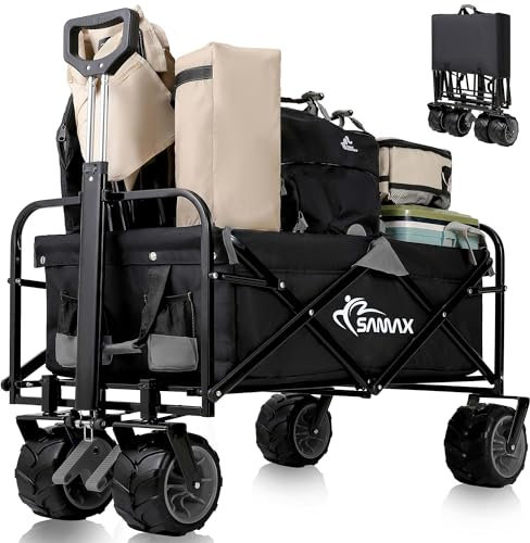 SAMAX Bollerwagen Handwagen Gartenwagen Strandwagen bis 200 kg - Klappbar Faltbarer Bollerwagen Transportwagen - Camping Edition Schwarz/Grau