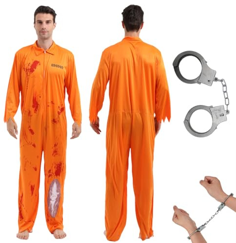 XLZJYIJ Häftling Kostüm Herren Orange, Sträfling Kostüm Herren mit Handschellen, Orange GefäNgnis kostüm mit Blut, Gefangenenkostüm Halloween Cosplay für Sträflinge, Gefangene, Räuber - Größe L/XL