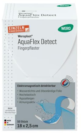 WERO Weroplast® AquaFlex Detect Fingerpflaster 18 x 2,5 cm, 50 Stk/Pkg | elektromagnetisch detektierbar, elastisch und wasserdicht, einzeln eingesiegelt