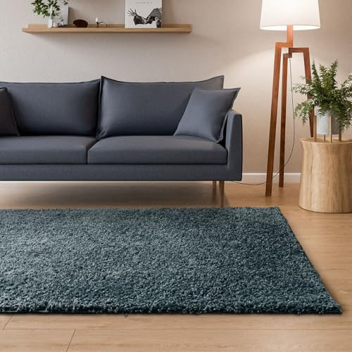 Interiyou Hochflor Teppich Sofia - 120x170 cm Blau - flauschig und einfarbig - waschbar und rutschfest - weicher Langflor
