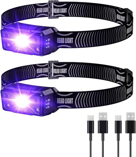 COSOOS 2 USB Wiederaufladbare LED Stirnlampe Kopflampe mit Schwarzlicht, Wasserdicht Leichtgewichts Mini Stirnlampen für Kinder, Outdoor, Laufen, Joggen, Hundespaziergang, Bettwanzen und Skorpionen
