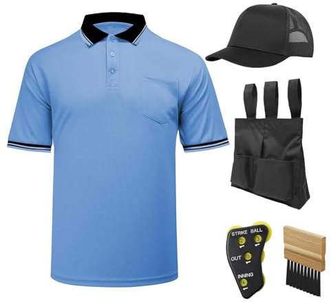 redgino 5Pcs Men’s Baseball/Softball Umpire Gear Shirt Ball Bags Clicker Hat Brush Referee Accessories Sets Jersey Kit Light Blue XL