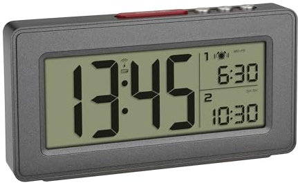 TFA Dostmann Digitaler Funk-Wecker mit 2 Weckzeiten, 60.2563, mit Wochenend Modus, Anzeige von Datum und Wochentag, inkl Hintergrundbeleuchtung, einstellbare Zeitzonen, Schlummerfunktion, anthrazit