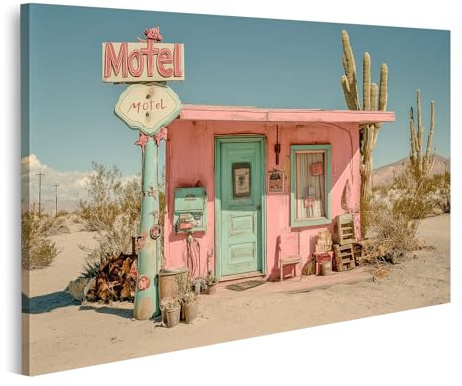 islandburner Bild auf Leinwand Vergessenes Motel in der Wüste mit Kaktus für Wohnzimmer Kunstliebhaber Boutique Bilder Wandbilder Poster