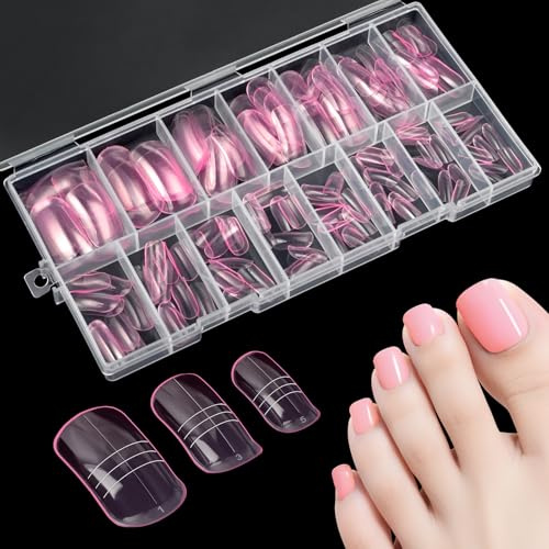 Kiiwah 150 Pcs Toe Nail Forms for Extension & Build, Reusable Dual Forms Set Long Square Full Cover Molds for Polygel, Acrylic Gel Builder, Manicure, 15 Sizes (Clear-pink)