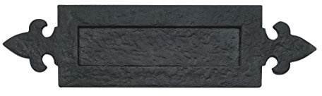 Kooples Hardware Black Antique Letter Plate – Fleur-de-LYS Design Mail Slot for Front Doors – Traditional Wrought Iron Style – Rustic Cast Iron Letterbox Plate – Vintage Door Accessory