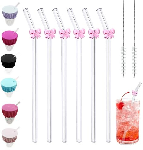 Xumann 6 Pcs Glass Straws, Reusable Cute Clear Glass Straws Drinking with 6 Pcs Drink Covers Anti Spike and 2 Cleaning Brushes