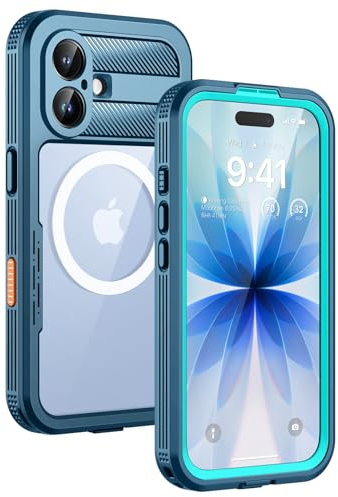 Lanhiem Coque pour iPhone 17 Étanche - Antichoc [Compatible avec Mag-Safe] Incassable 360 Intégrale [avec Protection Écran+Camera] IP68 Waterproof Chantier Antipoussière pour iPhone 17, Bleu