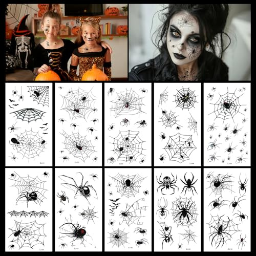 Cadimus Halloween Gesichtstattoo,10 Blätter Klebetattoos für Erwachsene und Kinder,Spinnennetz Temporäre Tattoos,Spinnen Tattoo Gesicht,für Halloween Karneval Party,Tattoos Accessoires