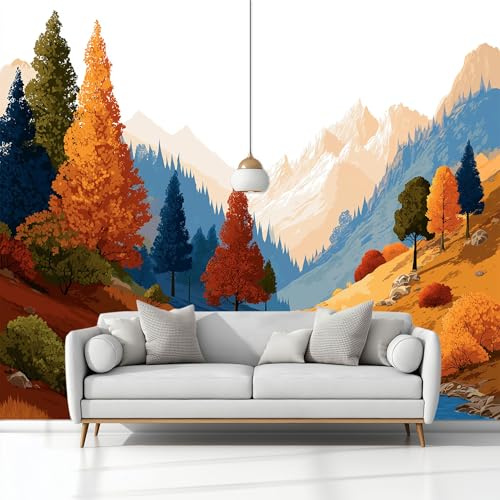 Fotomurale Murales Pintura Óleo Paisaje Montaña Otoñal Árboles Río 200 x 140 cm Papel Pintado no Tejido, Multicolor Papel Tapiz Fotográfico, para Salon Dormitorio Oficina Mural de Decoración de Pared