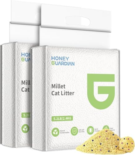 HonyGuaridan Arena de Mijo para Gatos, Arena Aglomerante para Gatos con Agentes Desodorantes, 100% Natural y Pura, Libre de Polvo y Fácil de Aglomerar, Control de olores, Puede desechar en el Inodoro