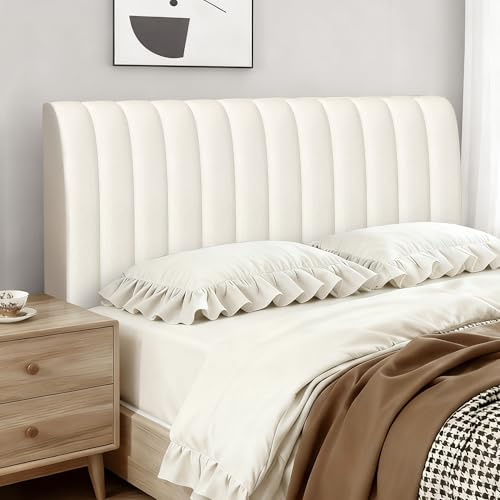 Songella Copri Testiera Letto Strisce Verticali Copertura Testiera Letto Vellutato Morbido Rivestimento per Camera da Letto Testiere Bianco Sporco 120cm